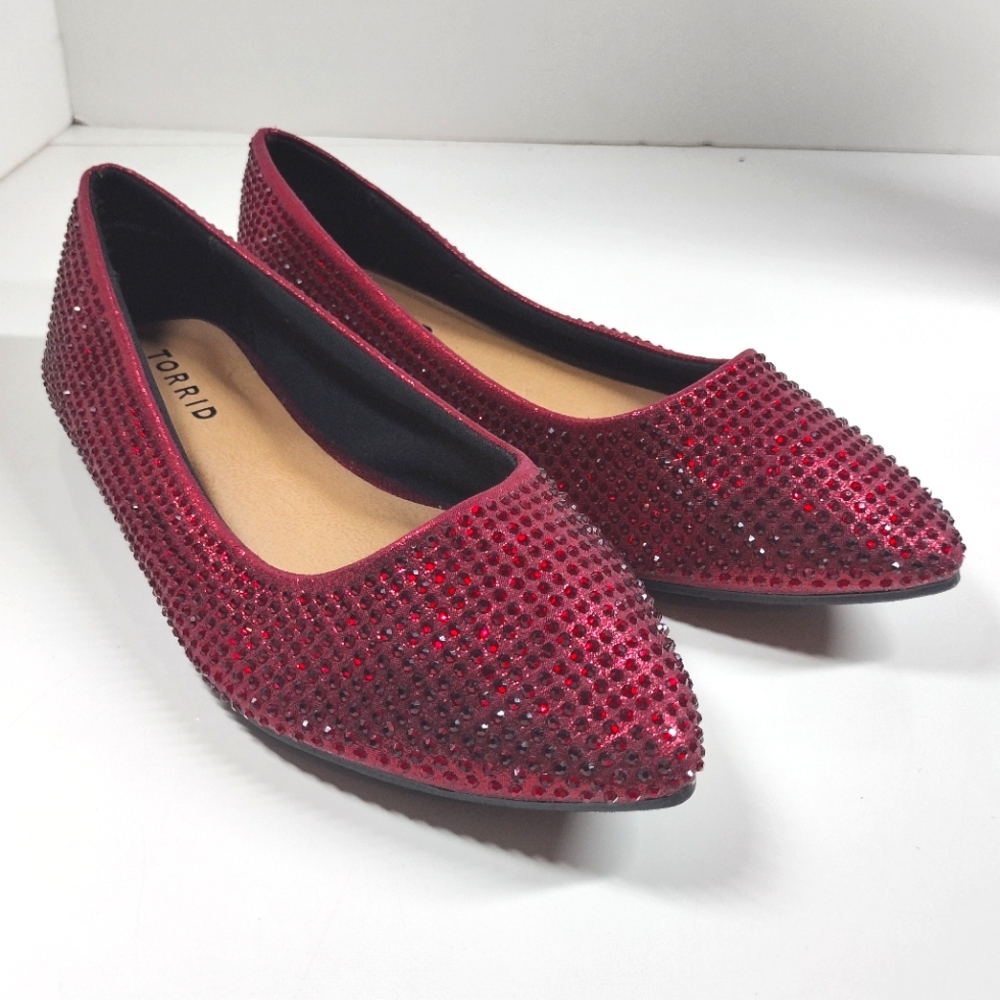 Torrid Embellished Pointed Toe Red Rhinestone Ballet Flats NWD